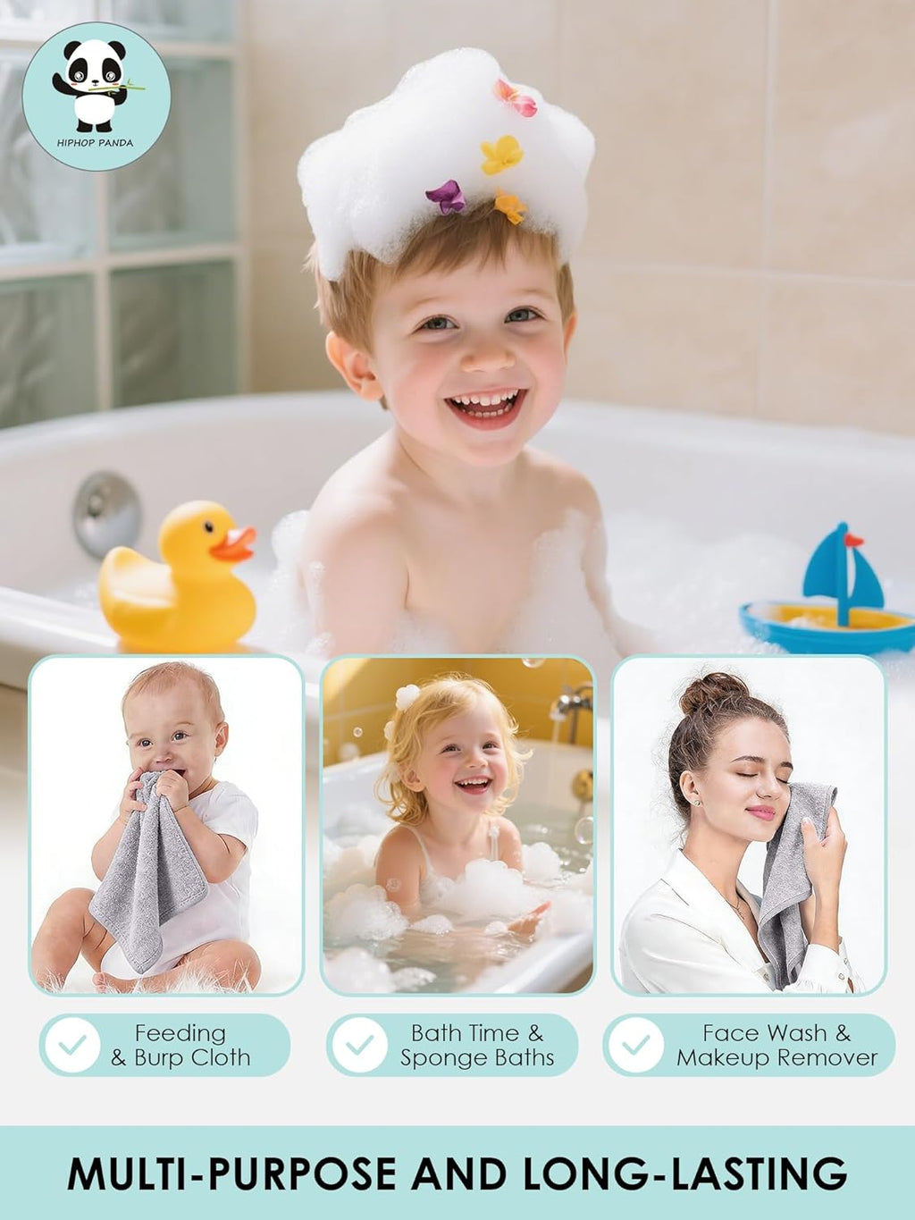 Baby Washcloths, Rayon Made from Bamboo - 2 Layer Ultra Soft Absorbent Newborn Bath Face Towel - Reusable Baby Wipes for Delicate Skin - Grey, 6 Pack