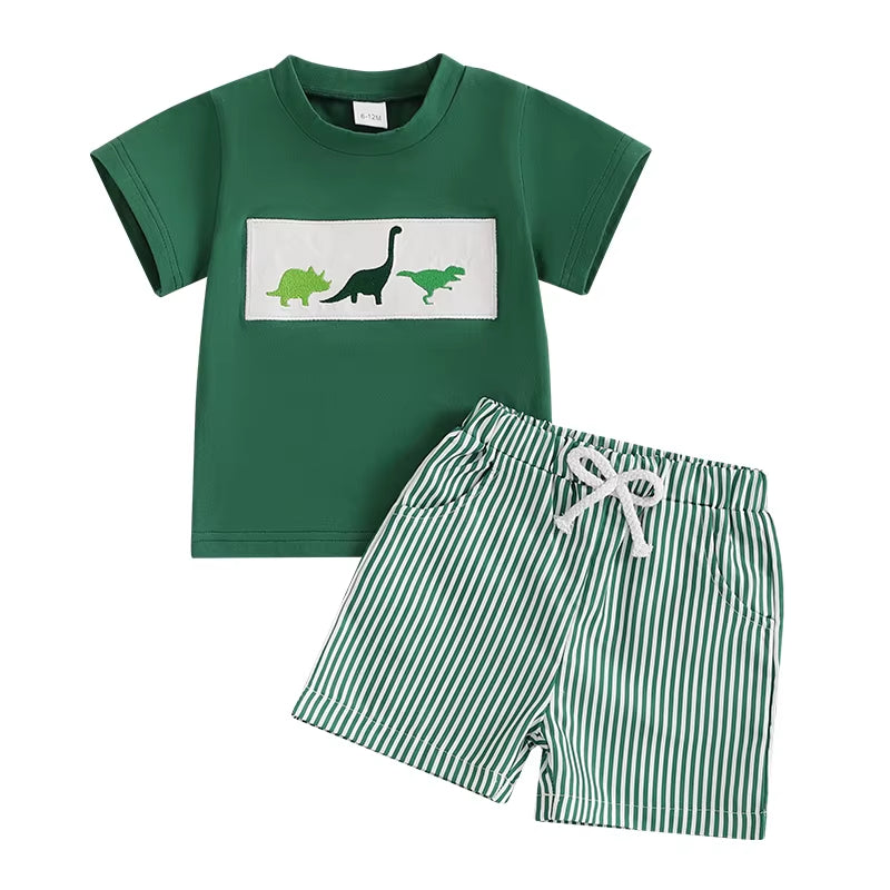 Baby Boy Shorts Set Whale/Dinosaur/Turtle Short Sleeve T-Shirts Striped Elastic Waist Shorts Clothes Toddler Summer Outfit