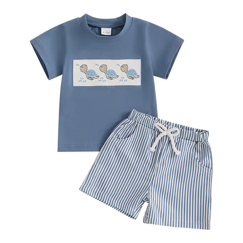 Baby Boy Shorts Set Whale/Dinosaur/Turtle Short Sleeve T-Shirts Striped Elastic Waist Shorts Clothes Toddler Summer Outfit