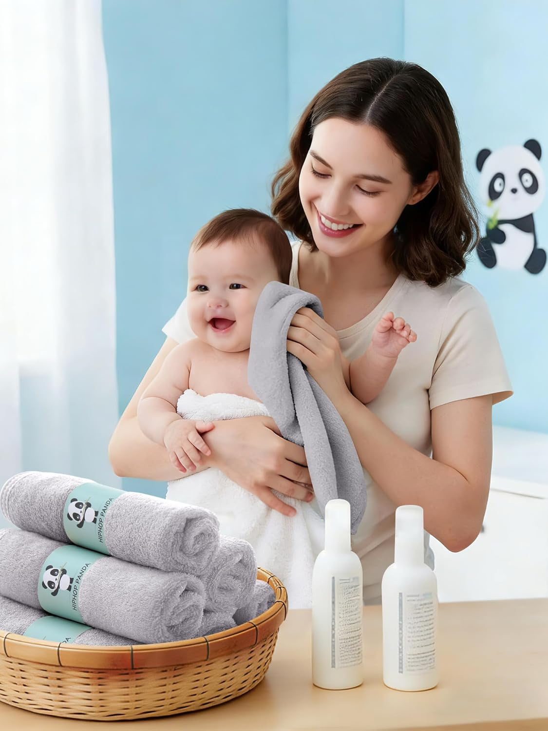 Baby Washcloths, Rayon Made from Bamboo - 2 Layer Ultra Soft Absorbent Newborn Bath Face Towel - Reusable Baby Wipes for Delicate Skin - Grey, 6 Pack