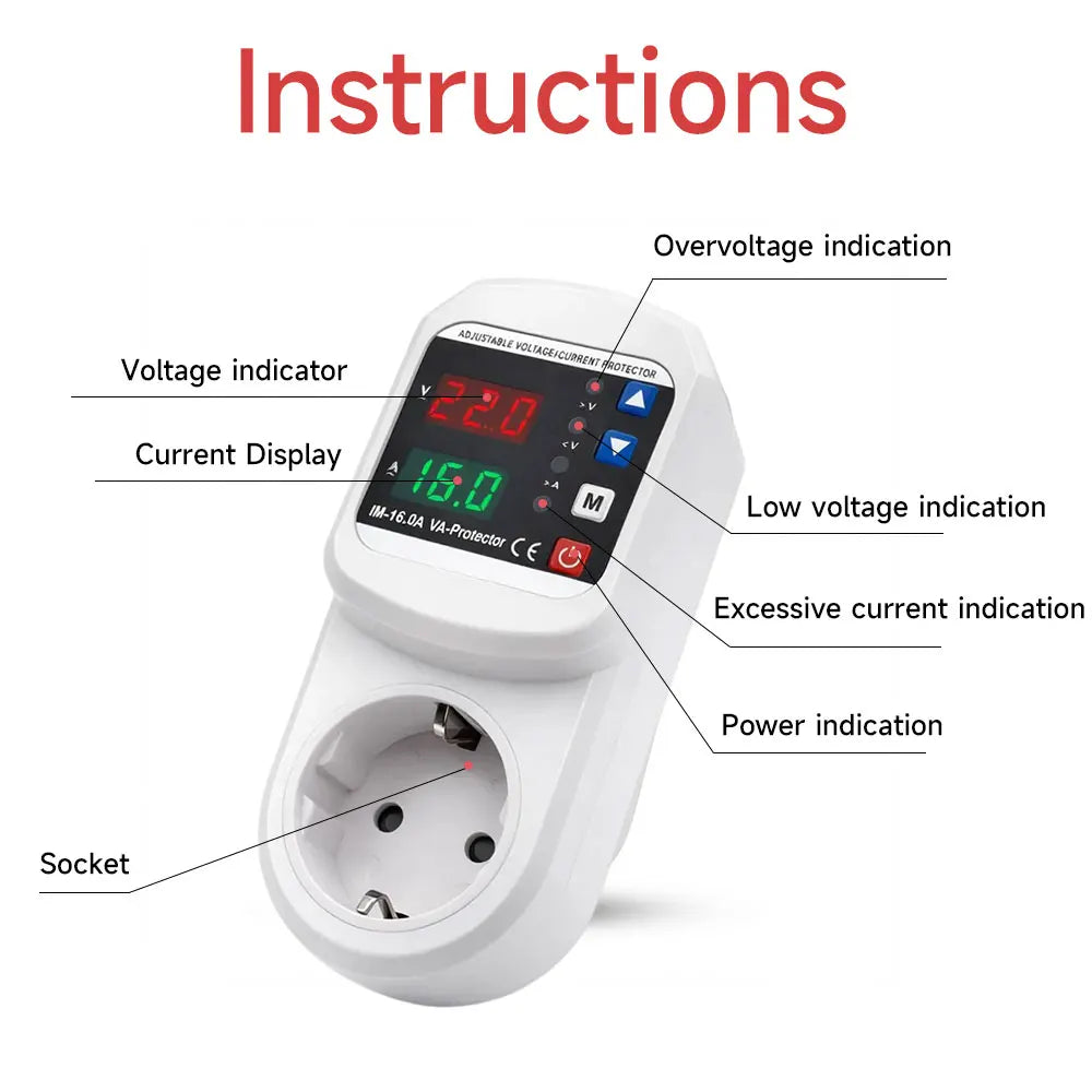 Automatic Voltage current Protector Socket AC 110V 220V Adjustable 16A Power Surge over voltage current Protector EU Plug Socket