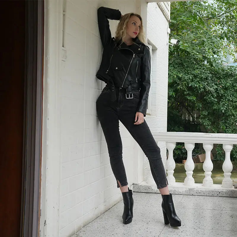 Onlymaker Women Pointed Toe Ankle Boots Black Matte Flock Chunky Heel Platform Booties Party Shoes Large Size Short Boots
