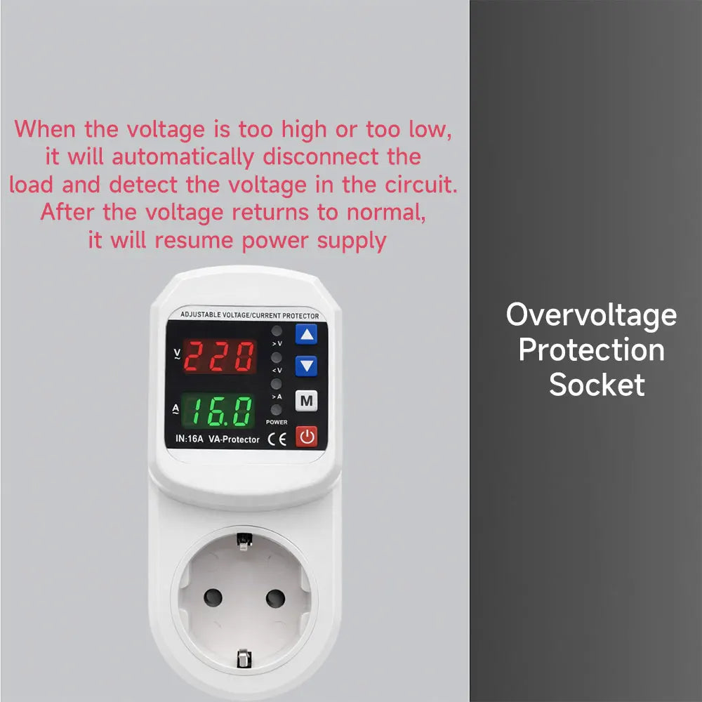 Automatic Voltage current Protector Socket AC 110V 220V Adjustable 16A Power Surge over voltage current Protector EU Plug Socket