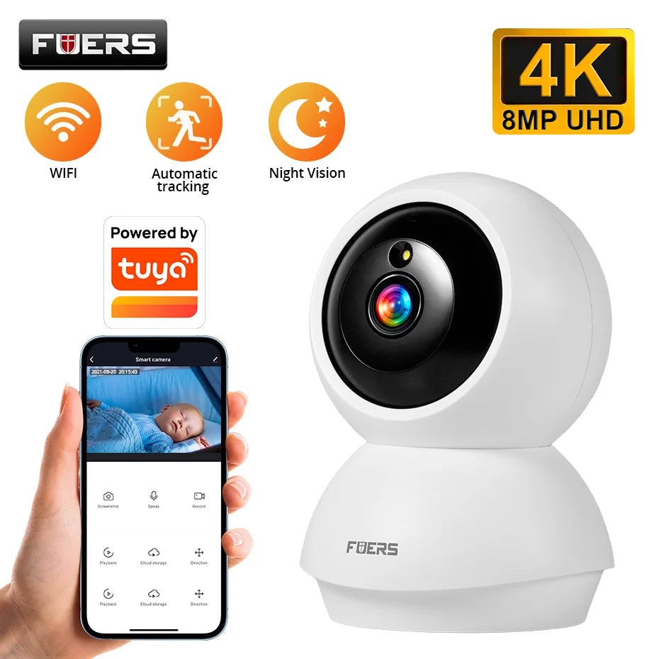 Fuers 4K 8MP IP Camera Indoor WiFi Wireless Surveillance works with Tuya Smart Home APP Auto Tracking CCTV Security Baby Monitor