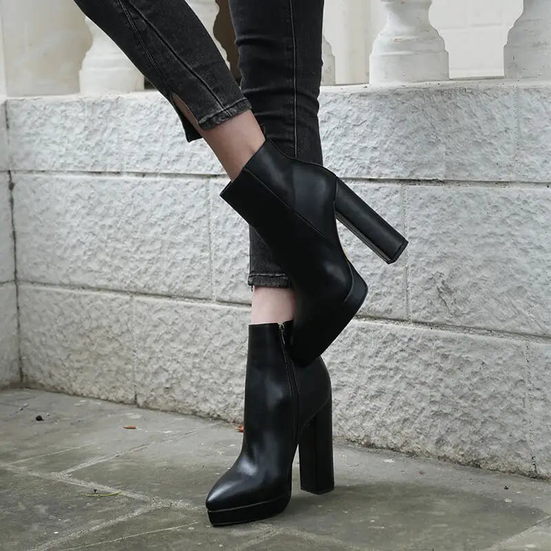 Onlymaker Women Pointed Toe Ankle Boots Black Matte Flock Chunky Heel Platform Booties Party Shoes Large Size Short Boots