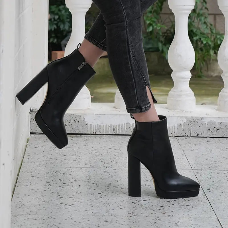 Onlymaker Women Pointed Toe Ankle Boots Black Matte Flock Chunky Heel Platform Booties Party Shoes Large Size Short Boots