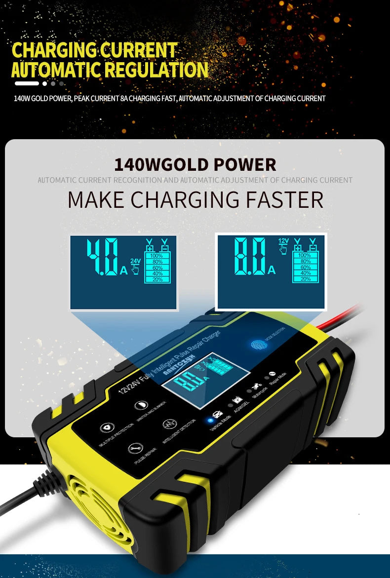 Car Battery Charger 12V 24V Pulse Repair LCD Display Smart Fast Charge AGM Deep Cycle GEL Lead-Acid Charger For Auto Motorcycle