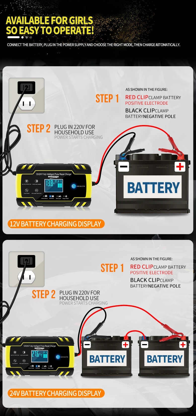 Car Battery Charger 12V 24V Pulse Repair LCD Display Smart Fast Charge AGM Deep Cycle GEL Lead-Acid Charger For Auto Motorcycle