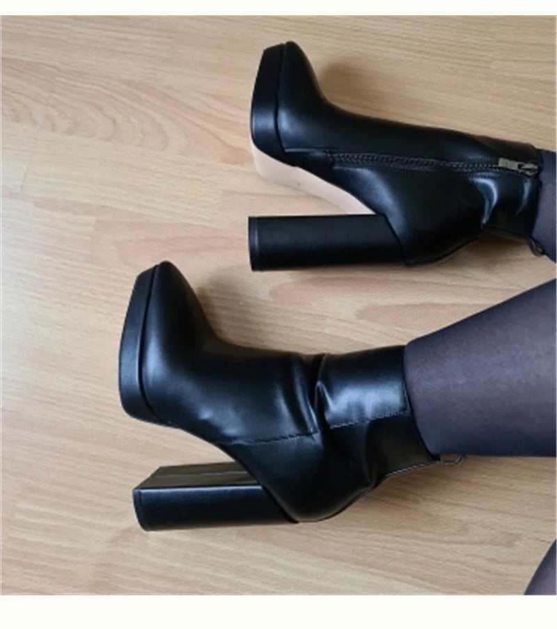 Onlymaker Women Pointed Toe Ankle Boots Black Matte Flock Chunky Heel Platform Booties Party Shoes Large Size Short Boots