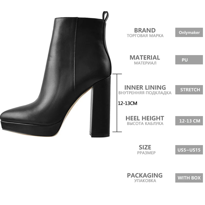 Onlymaker Women Pointed Toe Ankle Boots Black Matte Flock Chunky Heel Platform Booties Party Shoes Large Size Short Boots