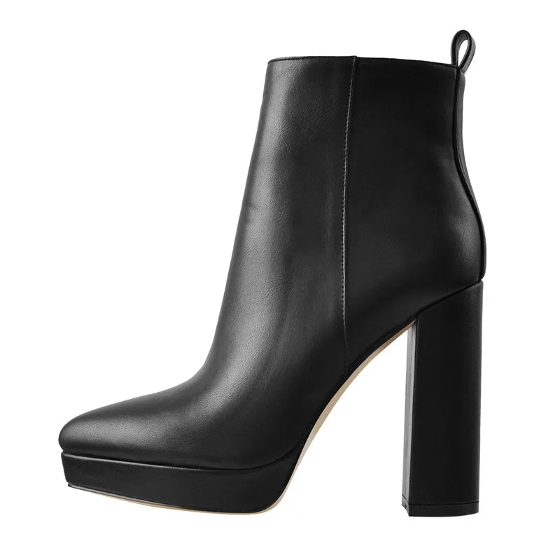 Onlymaker Women Pointed Toe Ankle Boots Black Matte Flock Chunky Heel Platform Booties Party Shoes Large Size Short Boots