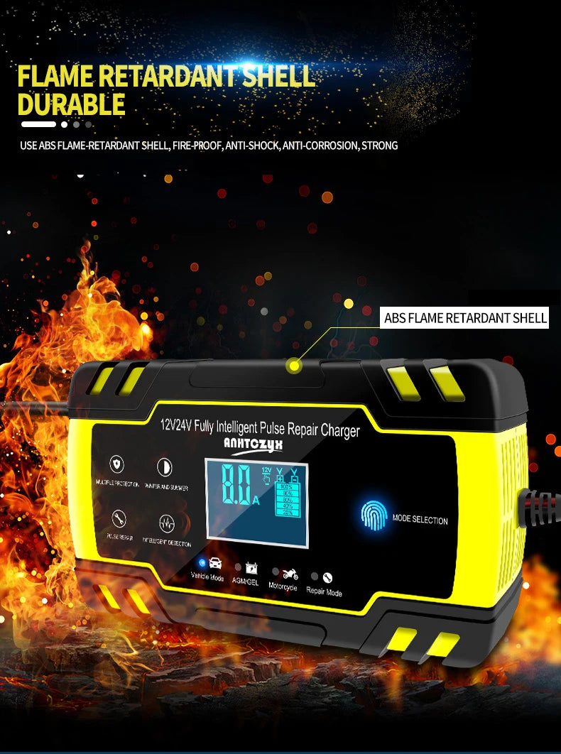 Car Battery Charger 12V 24V Pulse Repair LCD Display Smart Fast Charge AGM Deep Cycle GEL Lead-Acid Charger For Auto Motorcycle