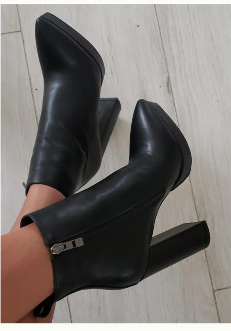 Onlymaker Women Pointed Toe Ankle Boots Black Matte Flock Chunky Heel Platform Booties Party Shoes Large Size Short Boots