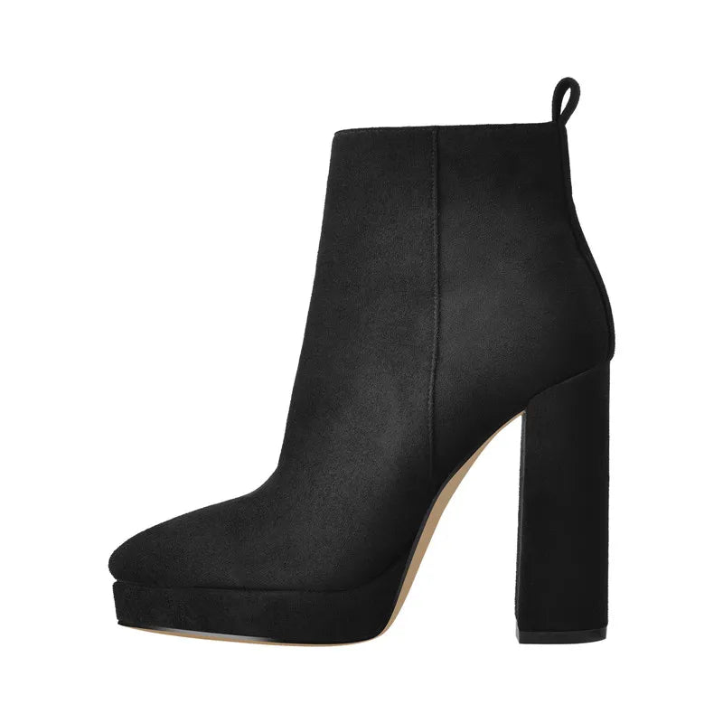 Onlymaker Women Pointed Toe Ankle Boots Black Matte Flock Chunky Heel Platform Booties Party Shoes Large Size Short Boots
