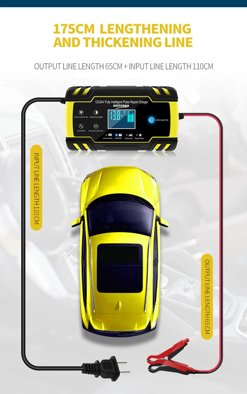 Car Battery Charger 12V 24V Pulse Repair LCD Display Smart Fast Charge AGM Deep Cycle GEL Lead-Acid Charger For Auto Motorcycle
