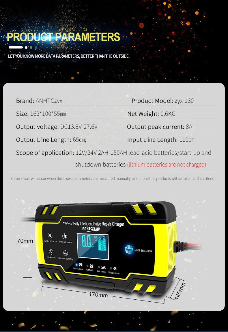 Car Battery Charger 12V 24V Pulse Repair LCD Display Smart Fast Charge AGM Deep Cycle GEL Lead-Acid Charger For Auto Motorcycle
