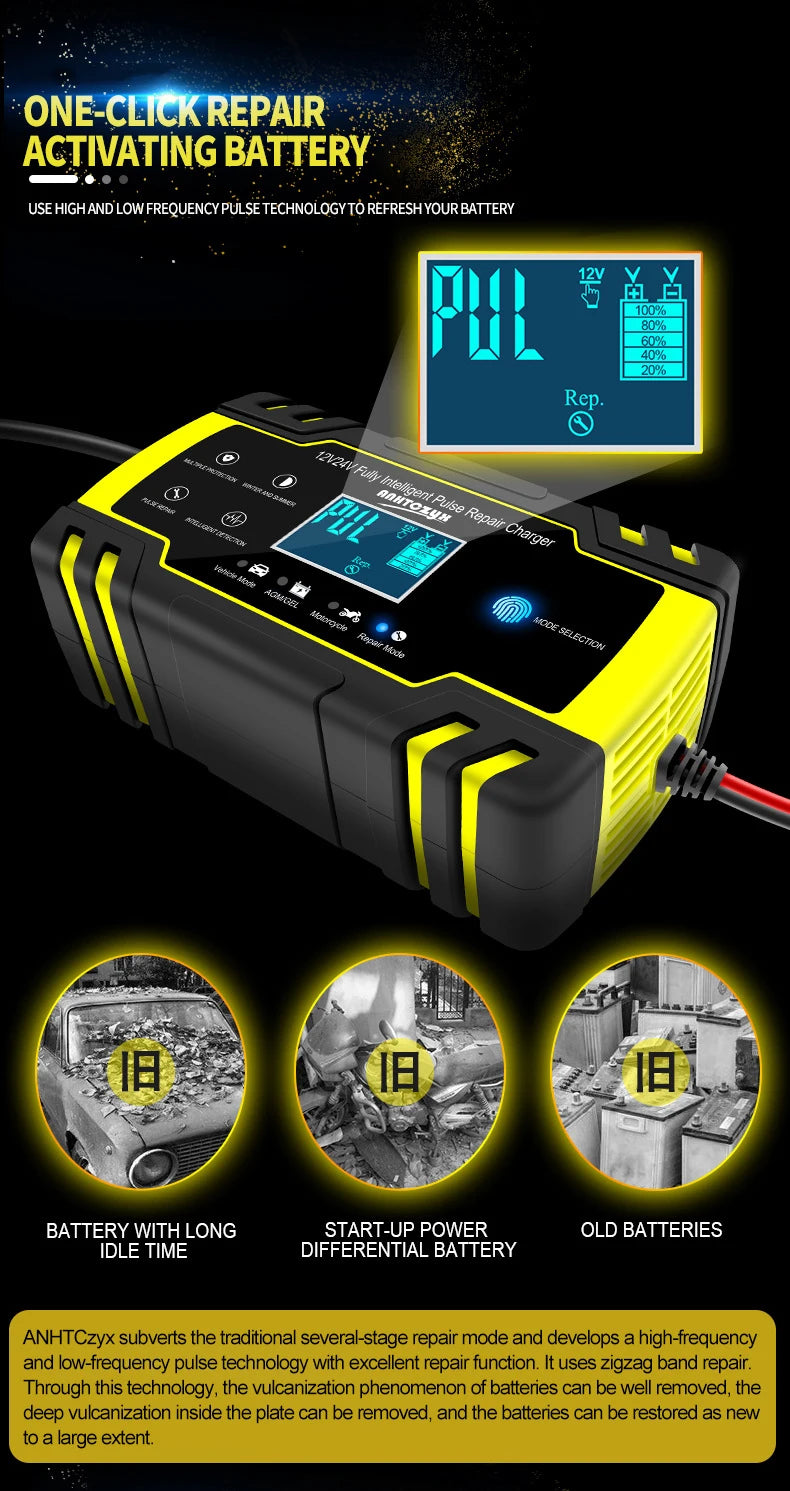 Car Battery Charger 12V 24V Pulse Repair LCD Display Smart Fast Charge AGM Deep Cycle GEL Lead-Acid Charger For Auto Motorcycle