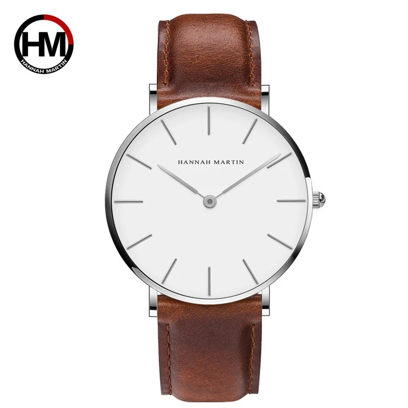 Hannah Martin Brand Fashion  Japan Quartz Wrist Watches Silver Brown Leather Men Watch Waterproof Dress Watch Men Casual