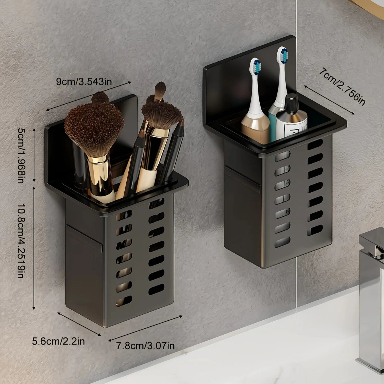 Black Wall-mounted Toothpaste & Toothbrush Holders. Storage box for bathroom items, phones & AC remotes. Traceless installation.