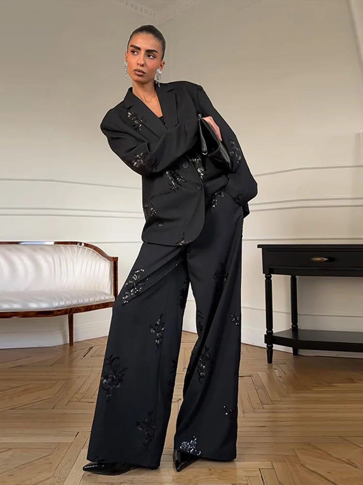 Woman Pants Set Sequin Suits Lapel Collar Coats Blazer Tops Wide Leg Trousers Loose Jackets 2-Piece Sets 2026 Spring New Clothes