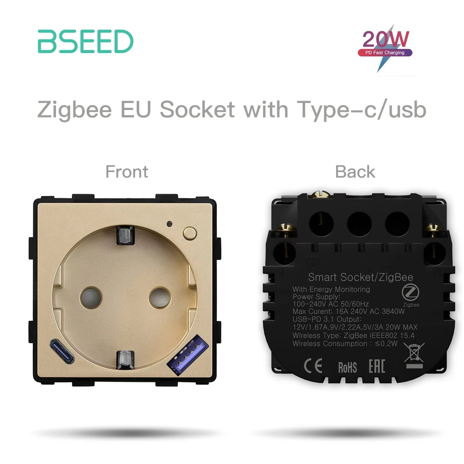BSEED Zigbee Power Socket Tuya Smart EU Socket Plug With 20W Type-c USB Functions Parts Matte Plastic Frames DIY Accessories