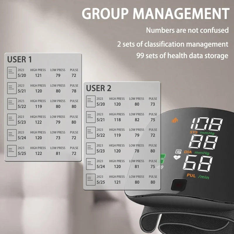 New LED Wrist Blood Pressure Monitor Rechargeable English Voice Broadcast Sphygmomanometer Tonometer BP Monitor