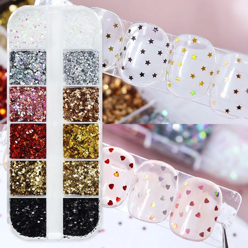 Holographic Love Heart Star Nail Art Sequins 1mm Heart Star Shape Flakes Nail Art Charms Japanese Korean Manicure DIY Decoration