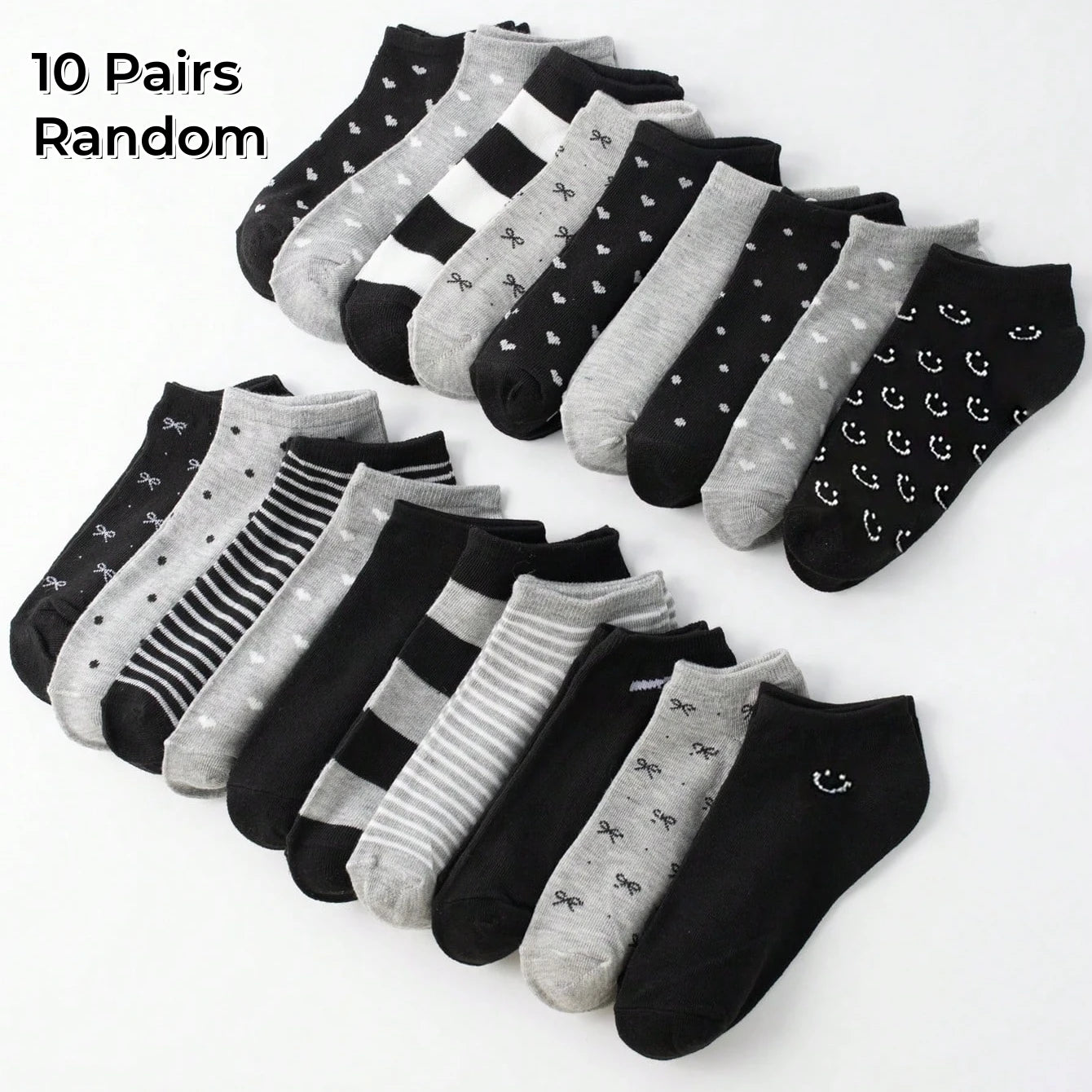 20 Pairs Women/Men Family Matching Short Socks, Black & Grey Series With Bow, Heart, Stripe
