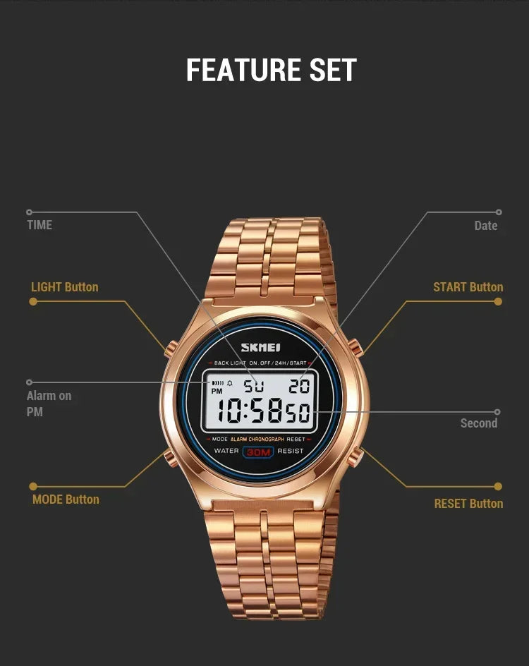 SKMEI 2146 Back Light Display Stopwatch Digital Sport Watches Stainless Steel Men Waterproof Date Alarm Wriswatch reloj hombre