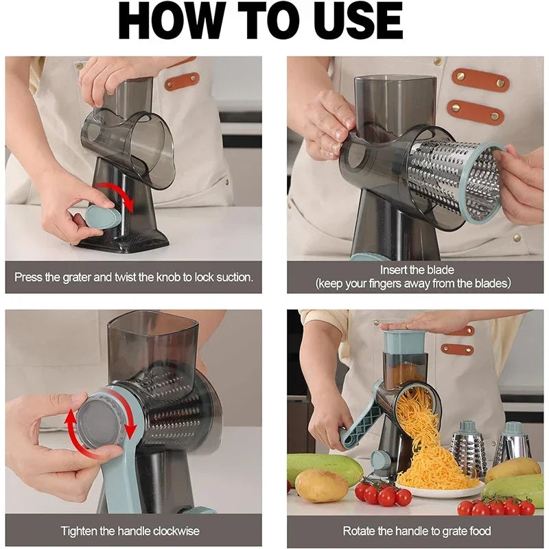 2025 3-in-1 Rotary Cheese Grater Multifunctional Manual Veg Slicer Nut Grinder Kitchen Essential Tool