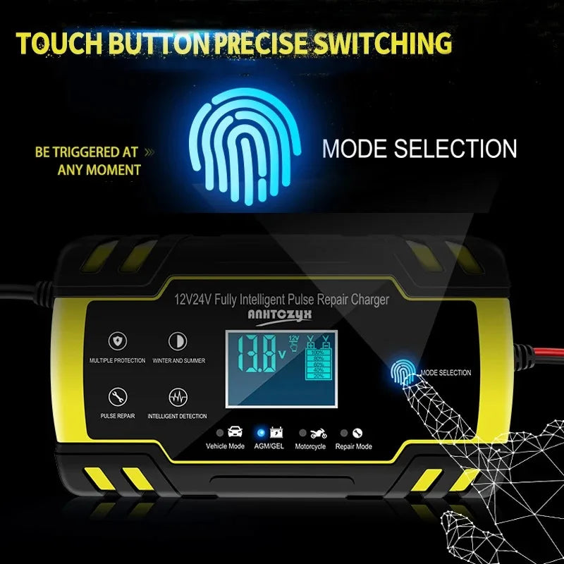 Car Battery Charger 12V 24V Pulse Repair LCD Display Smart Fast Charge AGM Deep Cycle GEL Lead-Acid Charger For Auto Motorcycle