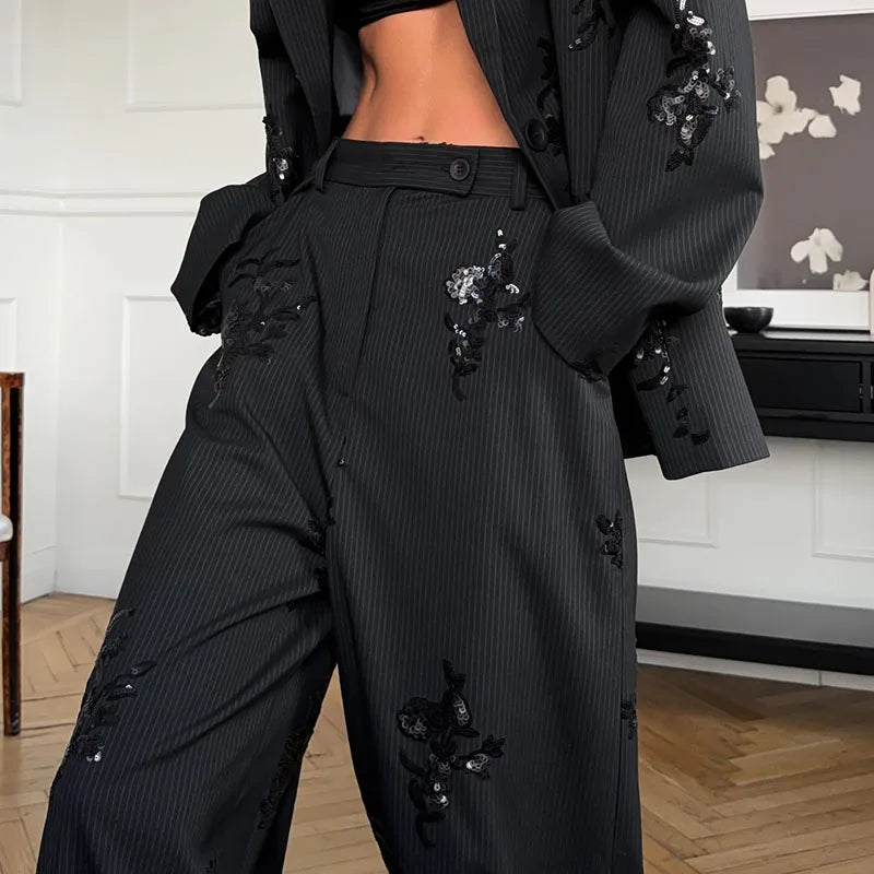 Woman Pants Set Sequin Suits Lapel Collar Coats Blazer Tops Wide Leg Trousers Loose Jackets 2-Piece Sets 2026 Spring New Clothes