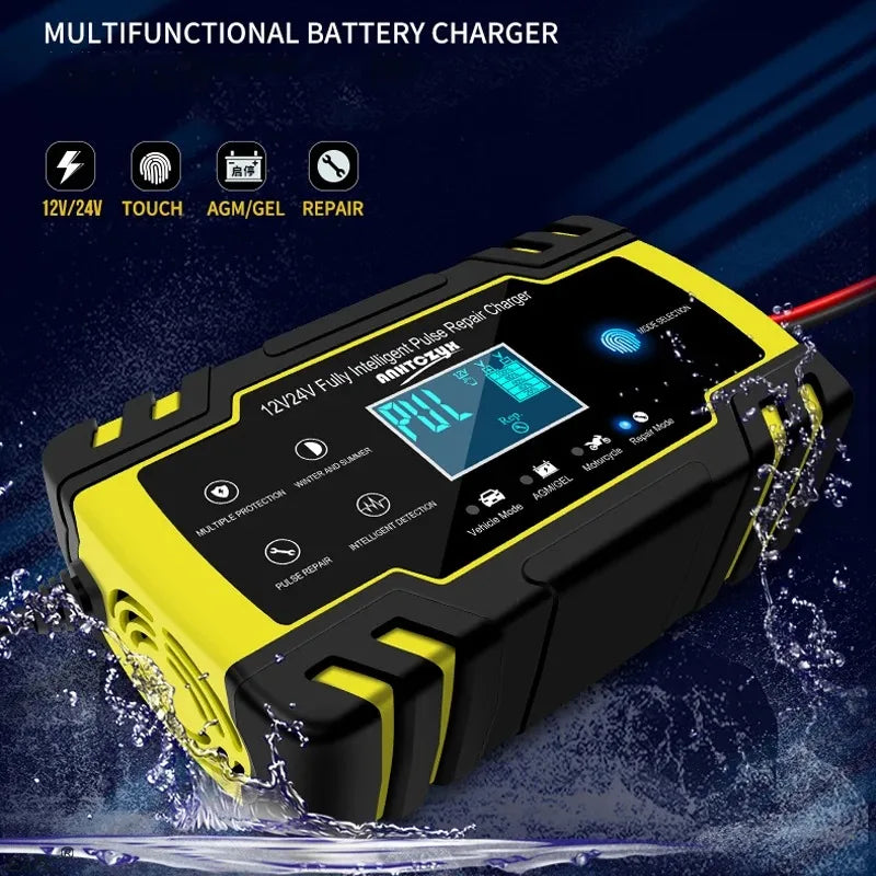Car Battery Charger 12V 24V Pulse Repair LCD Display Smart Fast Charge AGM Deep Cycle GEL Lead-Acid Charger For Auto Motorcycle