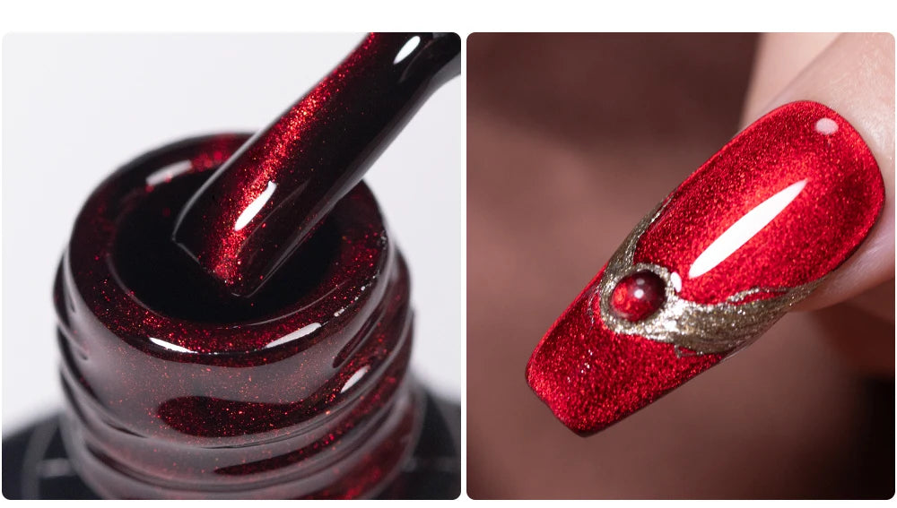 PUENTE 7.5ML Wine Red Cat Magnetic Gel Nail Polish Super Shiny Ruby Red Cat Eye Gel Soak Off UV Semi-Permanent Nail Art Varnish