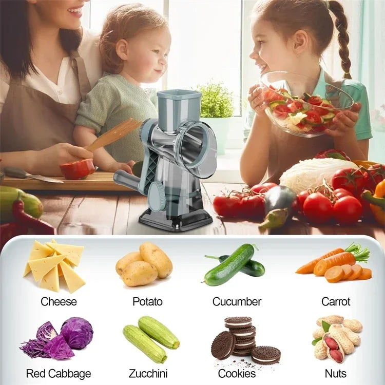 2025 3-in-1 Rotary Cheese Grater Multifunctional Manual Veg Slicer Nut Grinder Kitchen Essential Tool