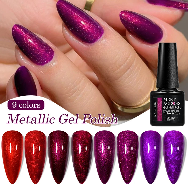 MEET ACROSS 7ml Shimmer Metallic Nail Gel Polish Glitter Mirror Effect Nail Supplies Vernis Gel for Nails UV/LED DIY Manicure