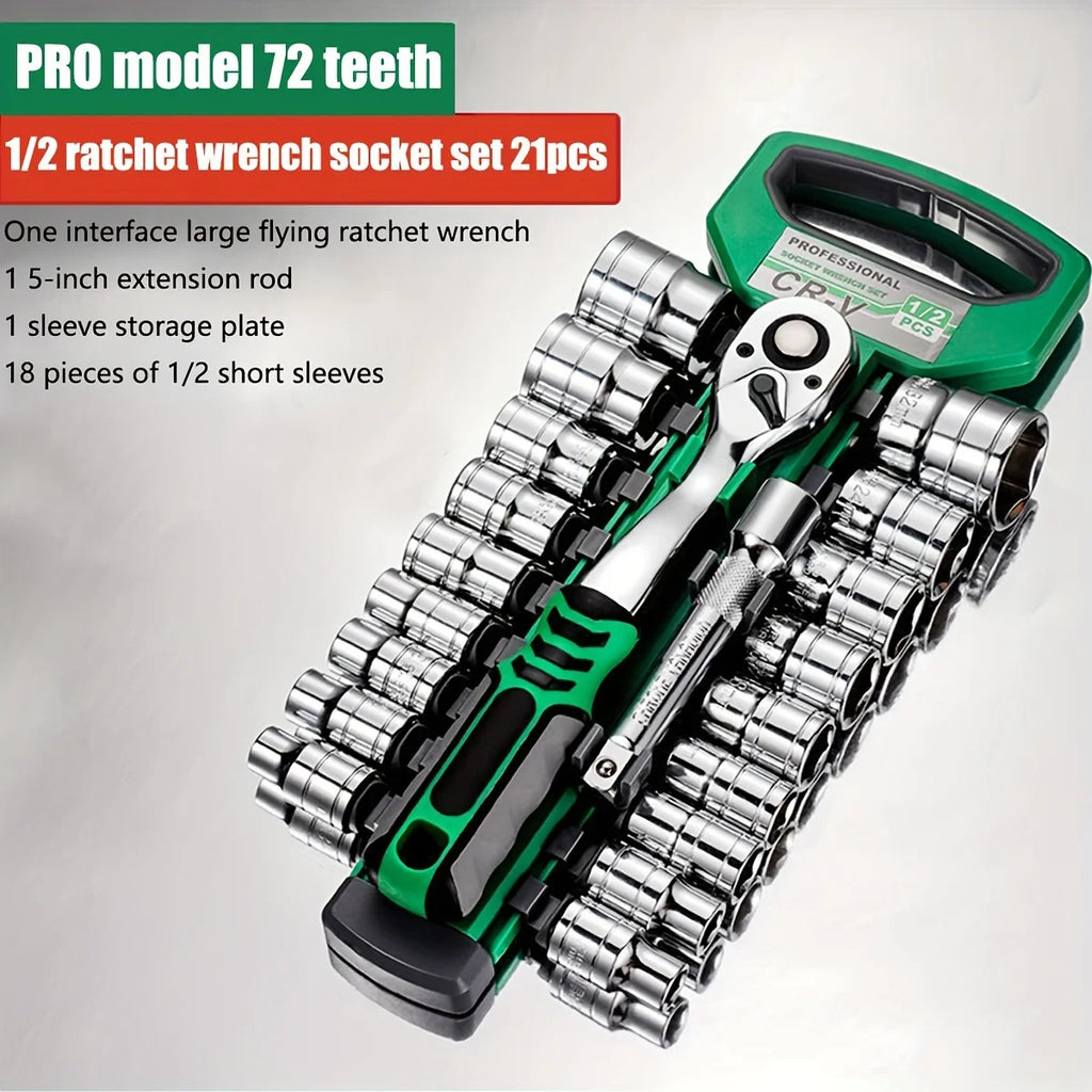 Drive Socket Set 1/4"-3/8"-1/2",CR-V Metric and Imperial Sockets with Quick-Release Ratchet Wrench,pro model 72 teeth,  Sockets