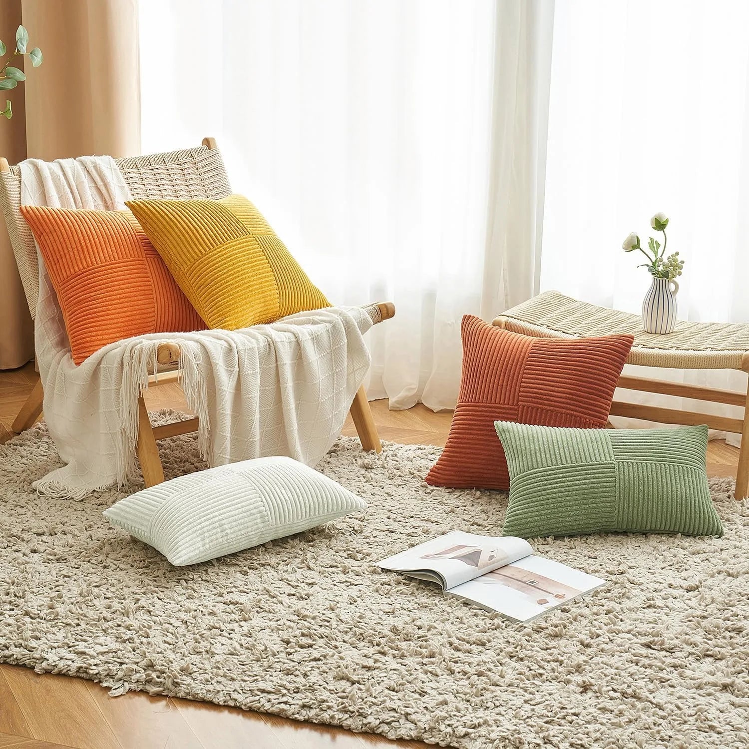 Rust Boho Throw Pillow Cover 18x18 Inch for Couch Bed Sofa Soft Corss Corduroy Patchwork Textured Terracotta Accent Cushion Case