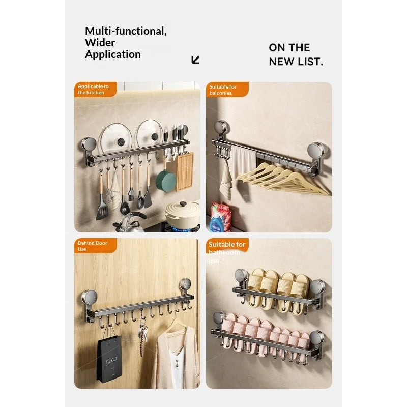 Suction Cup Kitchen Storage Rack Hook Rod No Drill Required Pot Spatula Spoon Knife Integrated Wall-Mounted Storage Rack