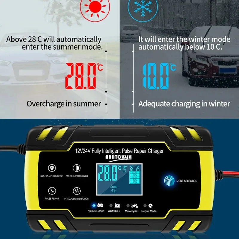 Car Battery Charger 12V 24V Pulse Repair LCD Display Smart Fast Charge AGM Deep Cycle GEL Lead-Acid Charger For Auto Motorcycle