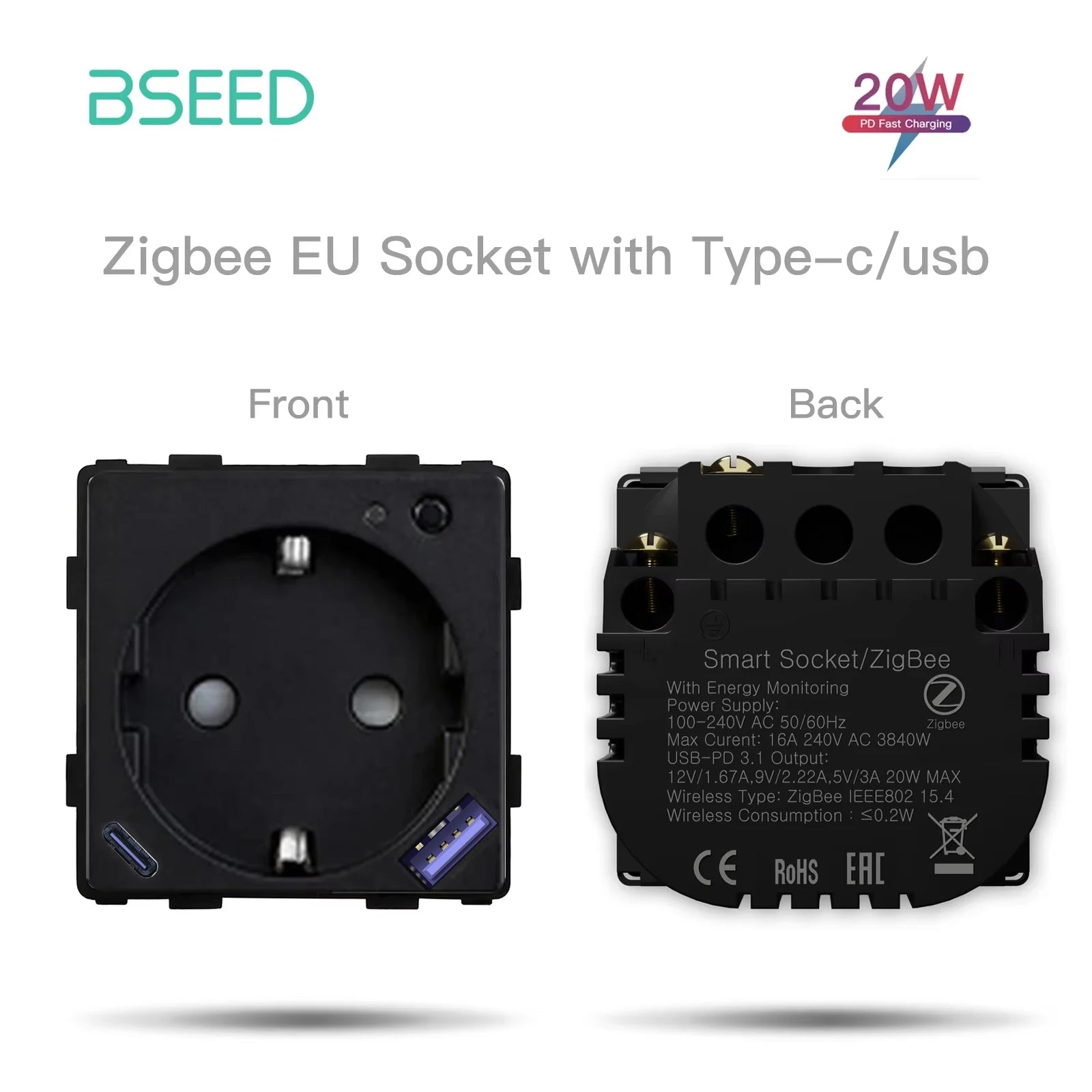 BSEED Zigbee Power Socket Tuya Smart EU Socket Plug With 20W Type-c USB Functions Parts Matte Plastic Frames DIY Accessories