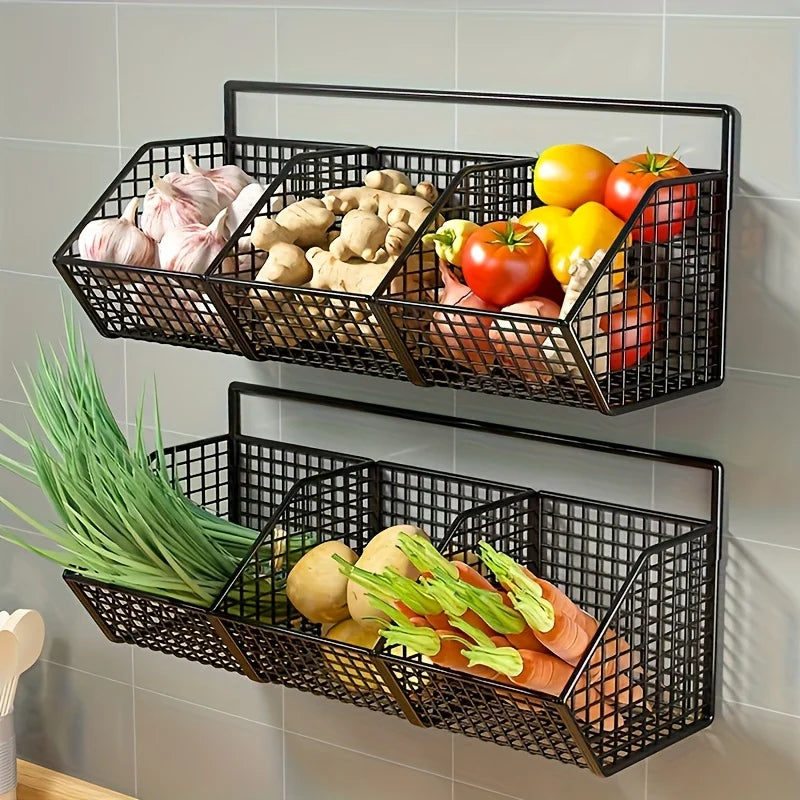 Wall Mounted Kitchen Storage Basket Suitable for Durable Metal Wire Storage of Spices, Garlic, Onions, and Vegetables