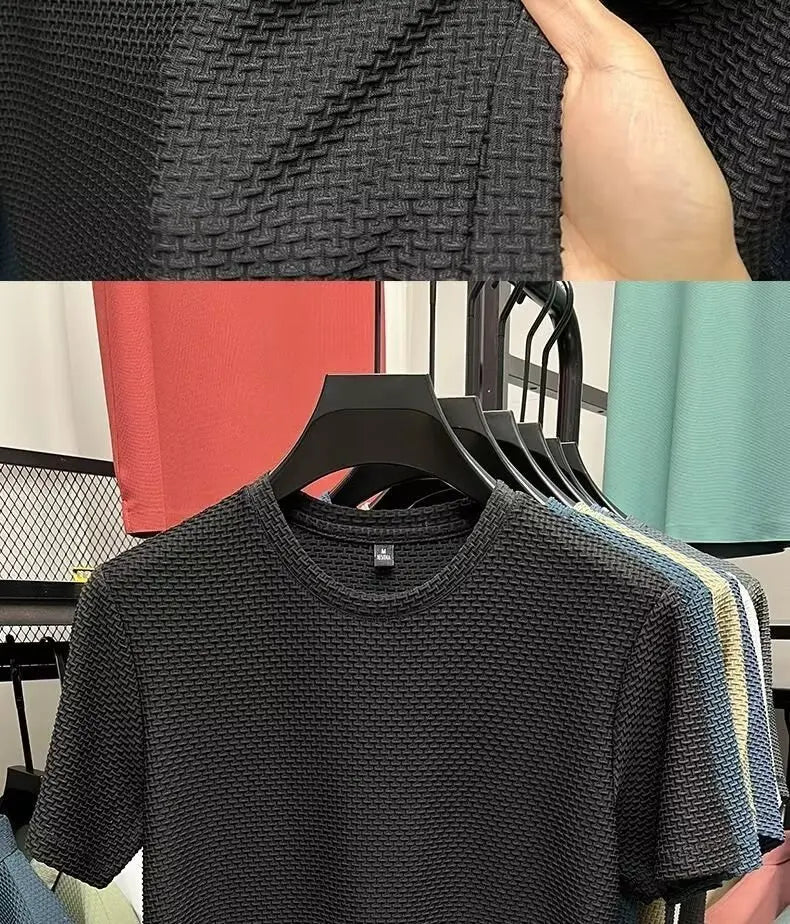 Mesh Ice Silk T-shirt Men's Short sleeved Round Neck New T-sleeved Men's Bottom Shirt Summer Solid Color Men's Top
