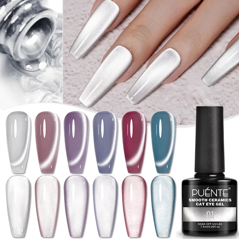 PUENTE 7.5ML Smooth Ceramics Cat Magnetic Gel Nail Polish White Moonlight Shades Cat Eye Soak Off UV Nail Art Varnish Manicure