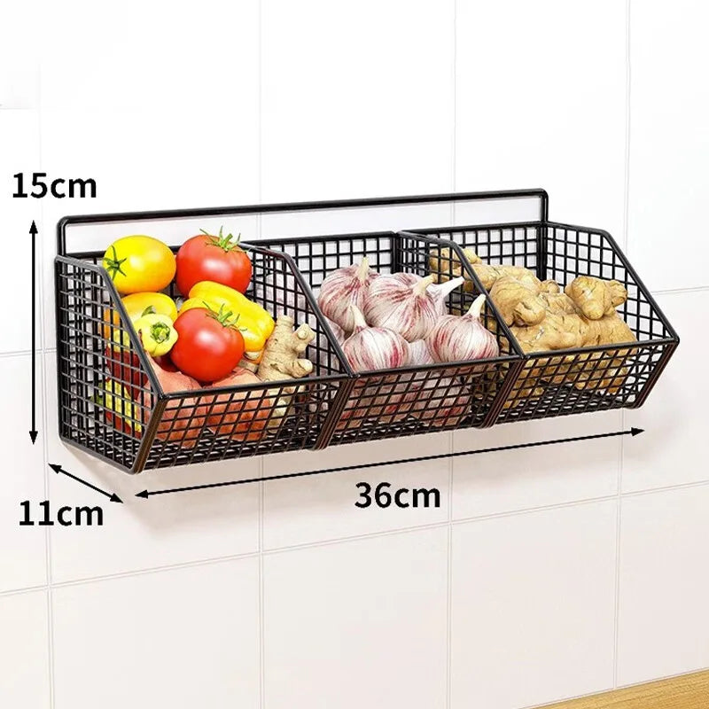 Wall Mounted Kitchen Storage Basket Suitable for Durable Metal Wire Storage of Spices, Garlic, Onions, and Vegetables