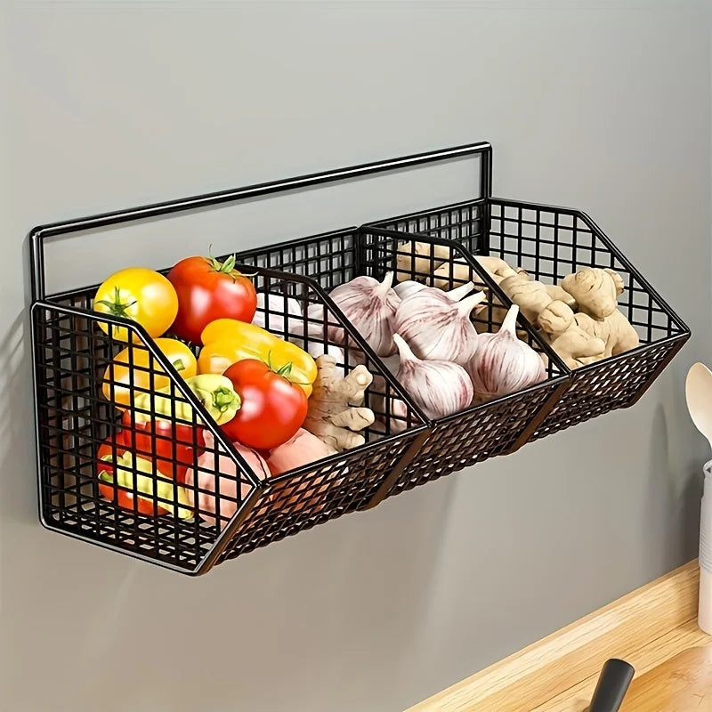 Wall Mounted Kitchen Storage Basket Suitable for Durable Metal Wire Storage of Spices, Garlic, Onions, and Vegetables