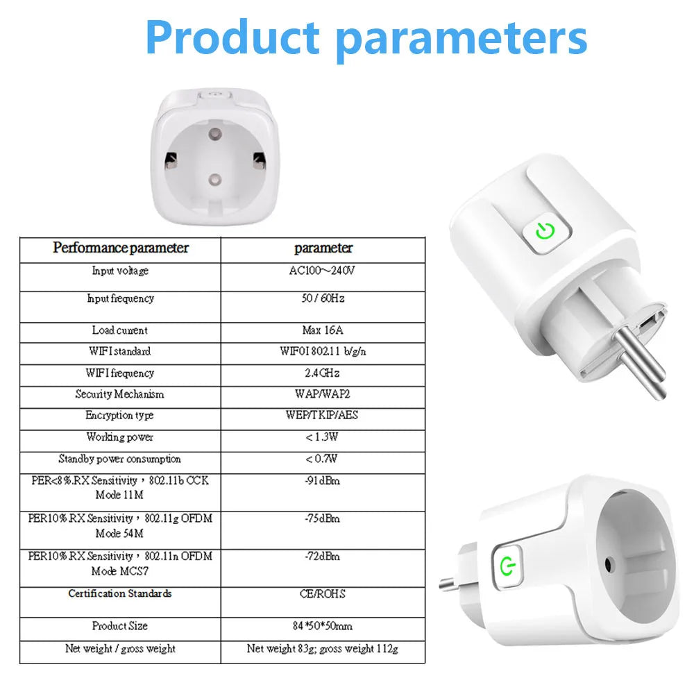 Tuya Smart Socket WIFI 16A/20A EU Plug With Monitoring Timing Function Smart Home Electronic Power Outlet Alexa Google Home