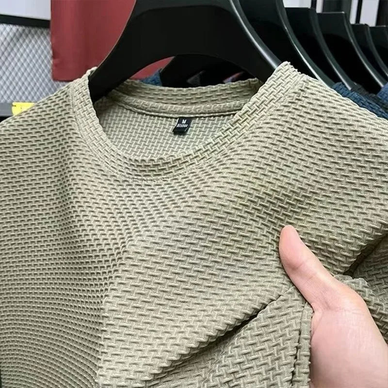 Mesh Ice Silk T-shirt Men's Short sleeved Round Neck New T-sleeved Men's Bottom Shirt Summer Solid Color Men's Top
