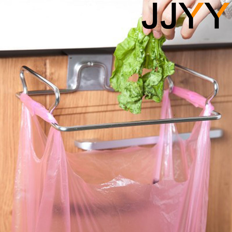 JJYY Kitchen Trash Rack Cabinet Door Garbage Bags Holder Stainless Steel Closet Garbage Storage Holder Kitchen Storage Supplies