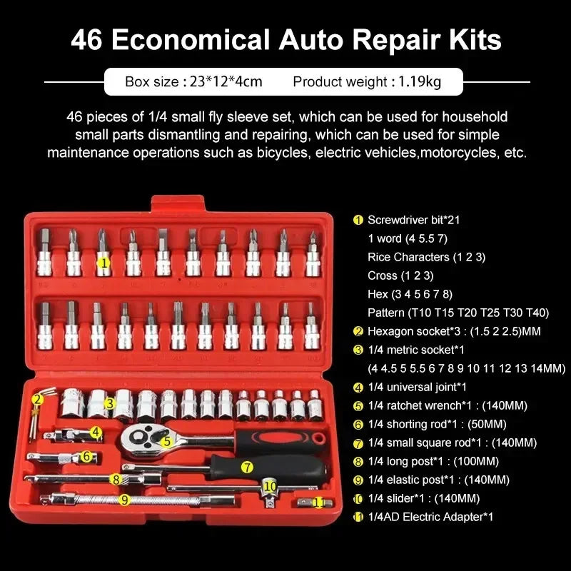46pcs Socket Set Car Repair Tool Ratchet Wrench  Pawl Spanner Screwdriver Professional Metalworking Kit
